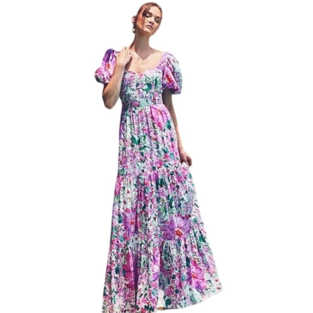 Badgley Mischka Belle Mia Sweetheart Neck Short Puff Sleeve Floral Dress Size 0
